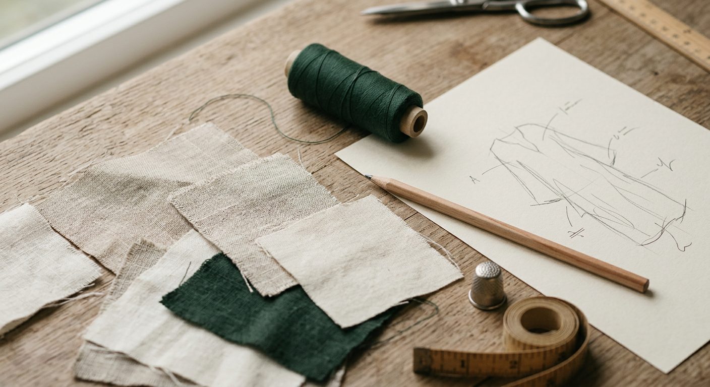 Fabric swatches, a thread cone and a pencil sketch on a designer's workbench