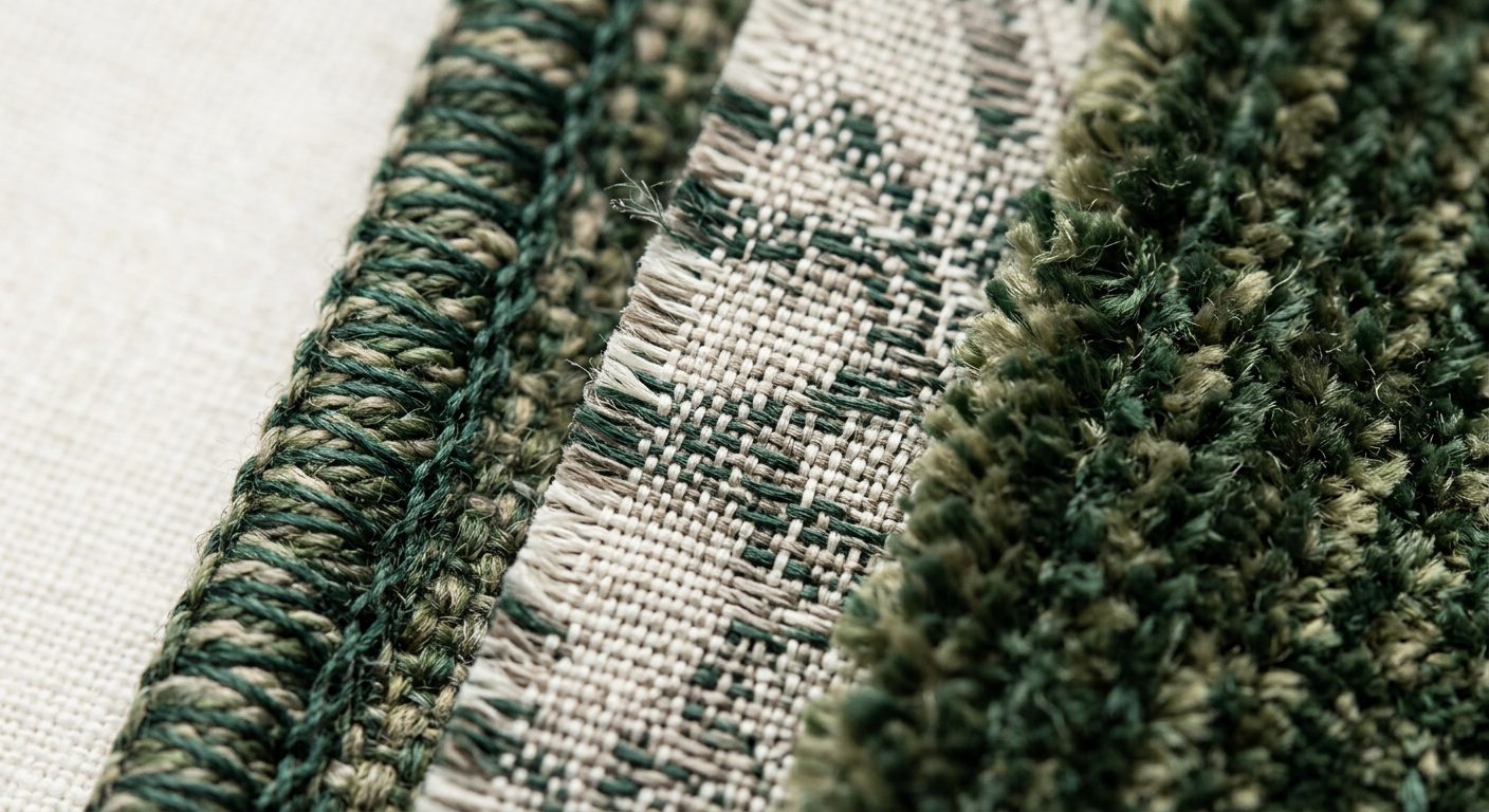 Macro photograph of a merrow-stitched border, woven label weave and chenille pile