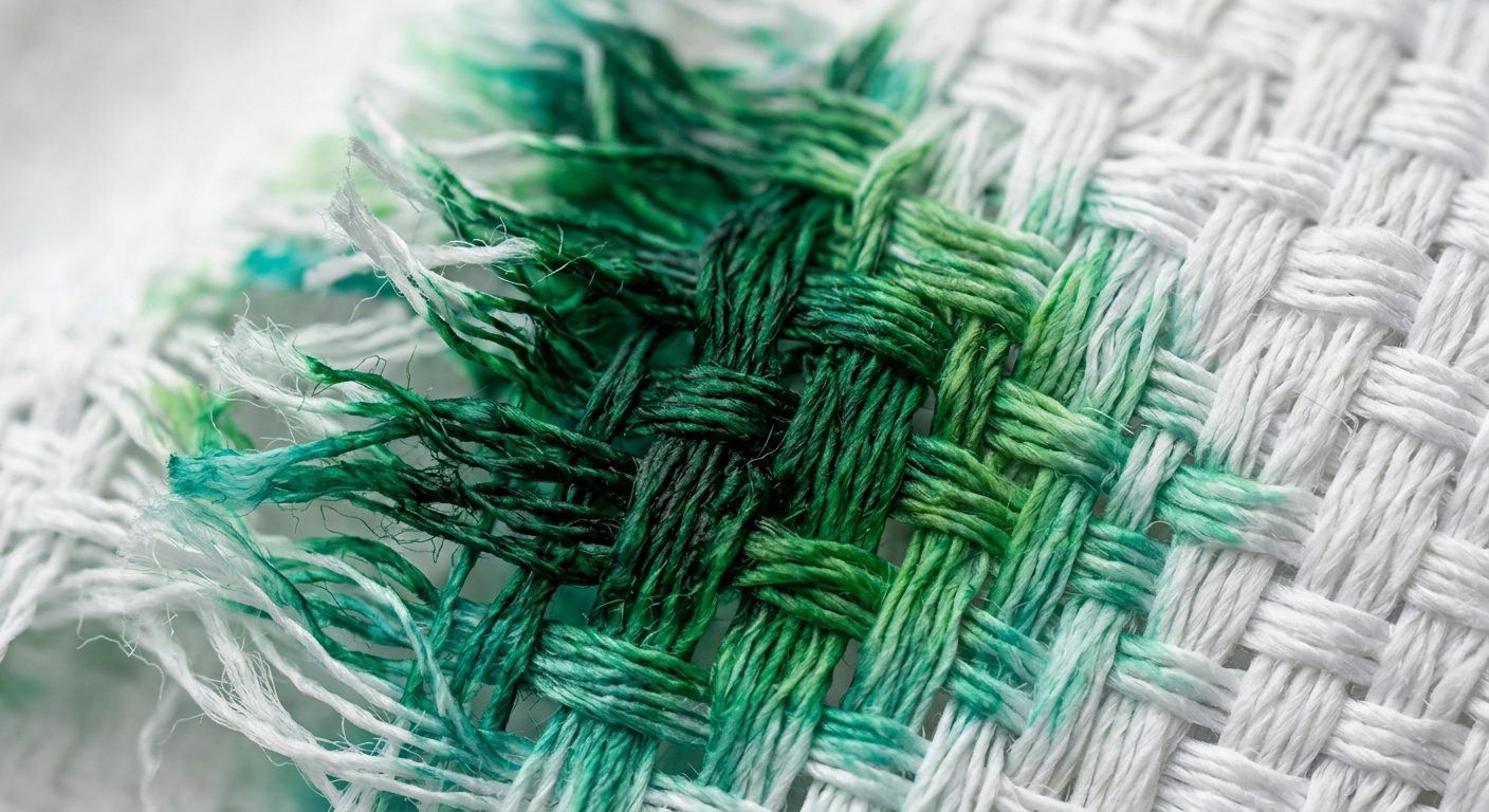 Macro photograph of dye pigment bonding into white polyester fibres