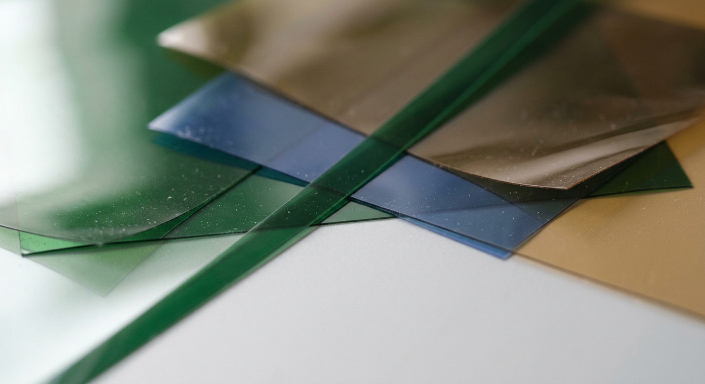 Macro photograph of overlapping translucent coloured film sheets